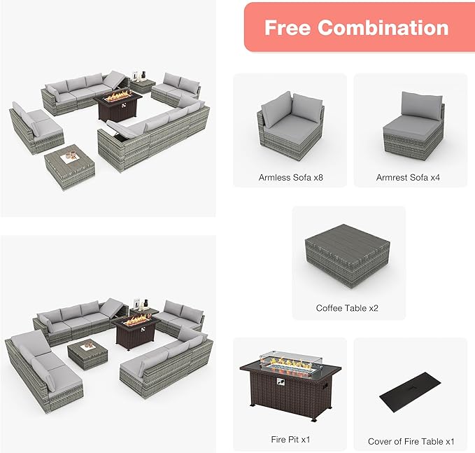 HOMREST 15 Pieces Outdoor Patio Furniture Set with 44" Propane Fire Pit Table, PE Rattan Sectional Sofa Conversation Set w/Adjustable Bracket, Wood Coffee Table for Backyard (Grey)