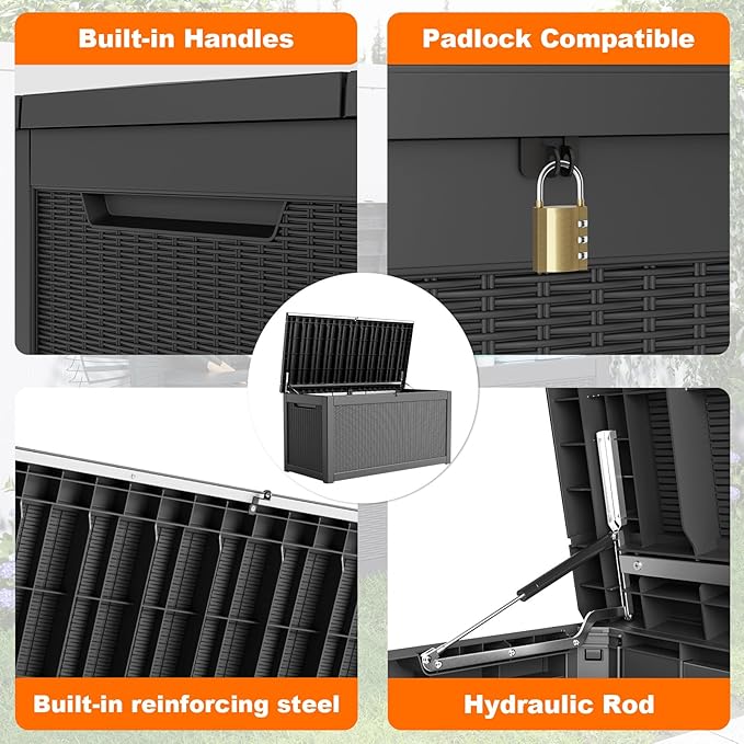 320 Gallon Outdoor Storage Box Waterproof, Resin Lockable Deck Box with Lid, Large Capacity Weatherproof Container for Patio Furniture Pool Accessories, Cushions(Black, 320 Gallon)