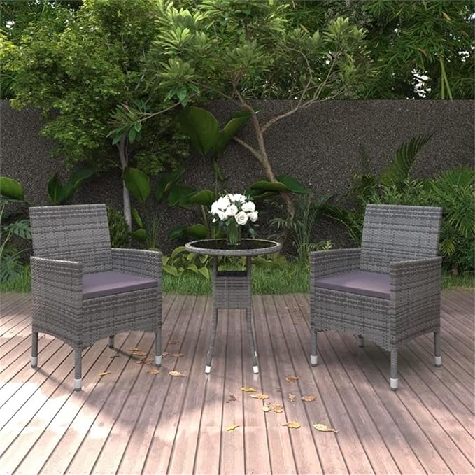BOWERY HILL 3 Piece Patio Dining Set, Compact Gray Poly Rattan with Cushioned Seats, Tempered Glass Table, Weather-Resistant Outdoor Garden Furniture for Small Spaces, Modern Design, Seating for 2
