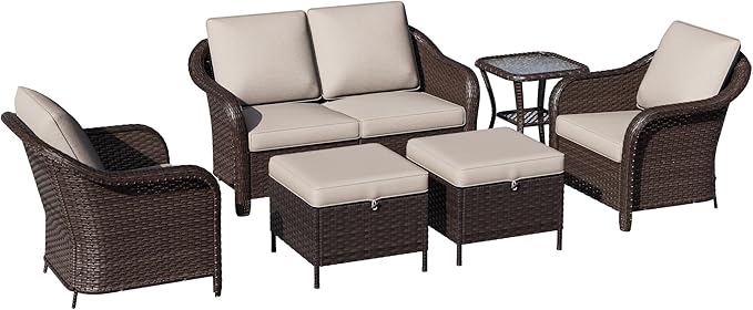 6 Piece Patio Wicker Conversation Set, All-Weather Use Outdoor Wicker Loveseat with 2 PE Rattan Ottomans,2 Chair, 1 Side Table, Ideal for Porch, Backyard, Balcony, Poolside, Beige