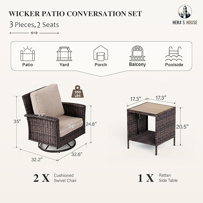 3-Piece Outdoor Patio Furniture, High Back Swivel Chairs Set of 2 with Rattan Table, Brown Wicker Conversation Bistro Set with 5.5” Thick Cushion for Deck Porch Balcony Garden Lawn, Beige