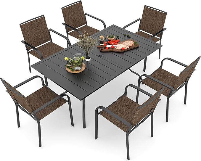 Anmutig 7-Piece Outdoor Patio Dining Set, 6 Stackable Patio Outoor Chairs & Rectangular Dining Table with All Weather Frame Furniture Set - 63" x 38" Brown Tan