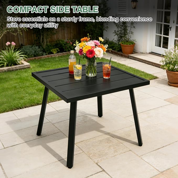 COOS BAY Urban Oasis Metal Patio Table, Small Square Side Table, Weather-Resistant Modern Outdoor Furniture, Black