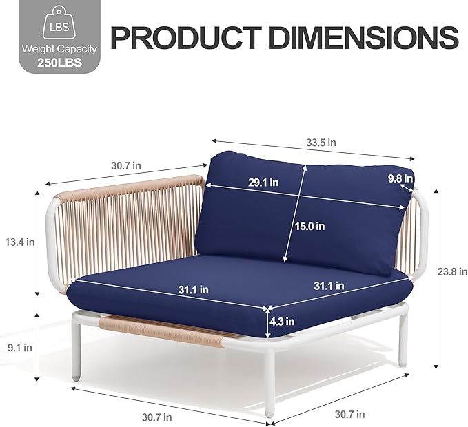 Patio Furniture Set, Outdoor Patio Furniture Oversized Metal Patio Sectional Sofa, 4-Seat Conversation Set with Cushion for Indoor and Outdoor,White Frame and Blue Mat