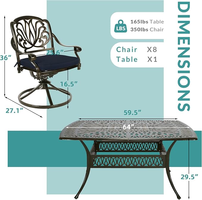 MEETWARM 9-Piece Outdoor Patio Dining Set for 8, All Weather Cast Aluminum Patio Funiture Table and Chairs Set- Large 64" Square Table and 8 Cushioned Swivel Rocker Chairs, Umbrella Hole, Navy Blue