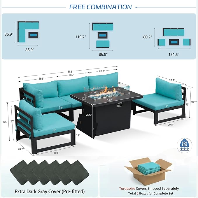 NICESOUL® 6 Piece Oversized Modern Grey Aluminum Outdoor Patio Sectional Set with Fire Pit Table Propane/Natural Gas, 29'' Deep Wide Sofa Conversation, 500lbs Sturdy Comfy L Shaped Couch, Turquoise