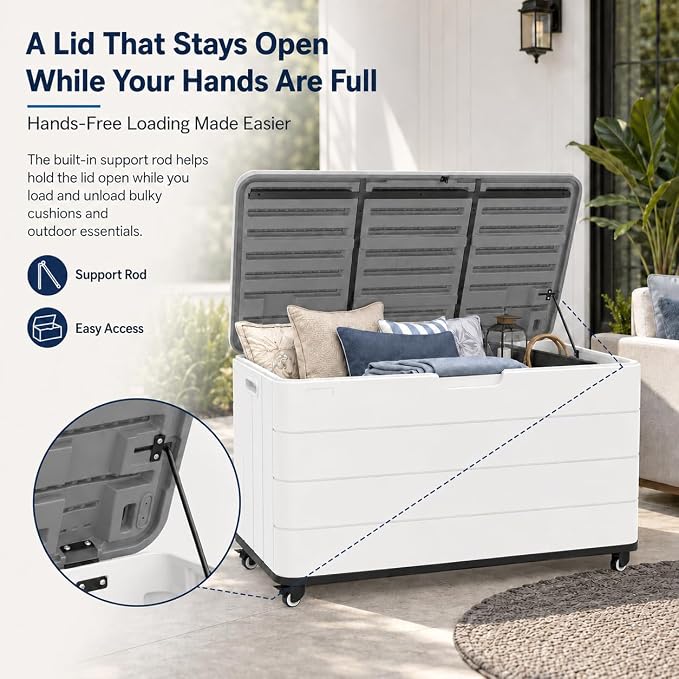 ADDOK 110 Gallon Outdoor Deck Box with Wheels, Large Waterproof Resin Storage Box with 2 Locking Casters, Lid Support Rod and Lockable Lid, Patio Cushion Storage Bench, White