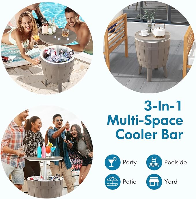 COSTWAY Outdoor Cooler Bar Table, 10 Gallon Cooler with Height Adjustable Tabletop, 3-in-1 Ice Bucket for Beer & Wine, All-Weather Cocktail Table for Backyard, Party, Poolside (Coffee)