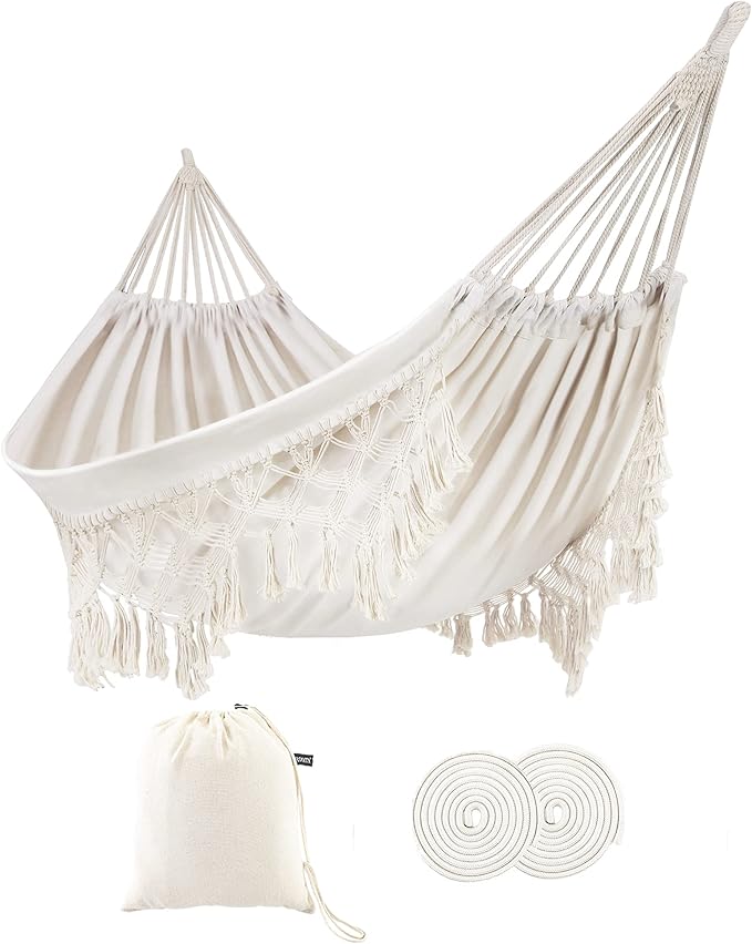 Portable Hammock with Tassel and Hammock Hooks,Indoor Hammock with Macrame Fringe for 2 Persons,Double Boho Hammocks with Tassels,Portable Cotton Rope Hamaca Swing with Travel Bag for Outside