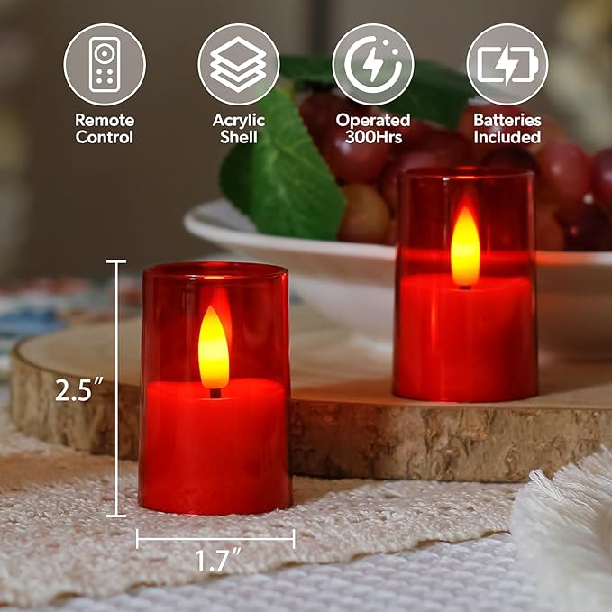 Flameless Small Tea Light LED Candles, Acrylic Battery Operated Votive 1.7" x2.5" with Remote Control and Timer, Tealight Red Flickering Warm Light Pack of 15 Electric Long Lasting
