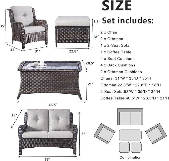 Belord 6 Pieces Patio Furniture Set Outdoor Wicker Furniture, 2 Patio Wicker Chairs with 1 Loveseat Sofa, Coffee Table and Ottomans, Patio Conversation Set for Porch Garden Deck Balcony Poolside