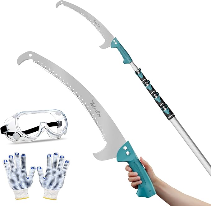 TelesPro Extendable Tree Trimmer: Manual Pole Saw | 6-24ft Telescoping Pruning Pole for Tree Trimming | Saw Attachment, Safety Goggles, and Gloves Included | Trim Branches up to 2" Diameter