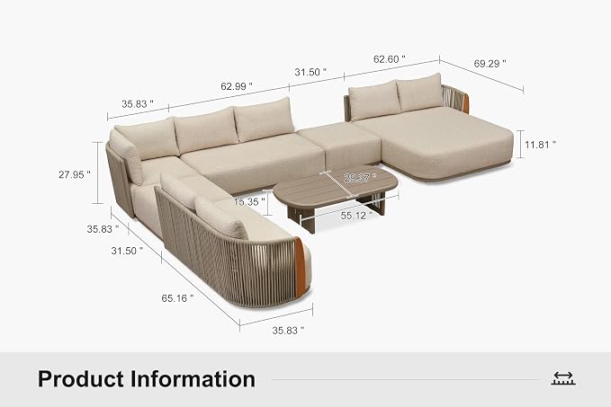 PURPLE LEAF Patio Conversation Sets, 7-Piece L-Shaped Patio Furniture Set with Genuine Teak, Olefin Fabric & 9" Thick Backrest& Aluminum Rope Coffee Table - Luxury Outdoor Sectional Sofa