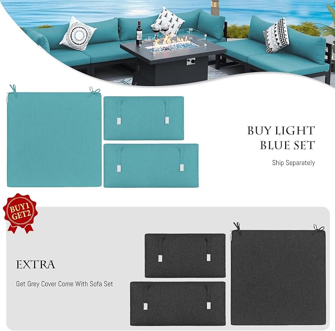 BULEXYARD 11 Piece Large Modern Aluminum Outdoor Sofa with Lounge Chair & Fire Pit Table, 500 lbs Durable Sectional Set for Heavy People, All Weather Comfy Patio Furniture Set for Backyard, Turquoise