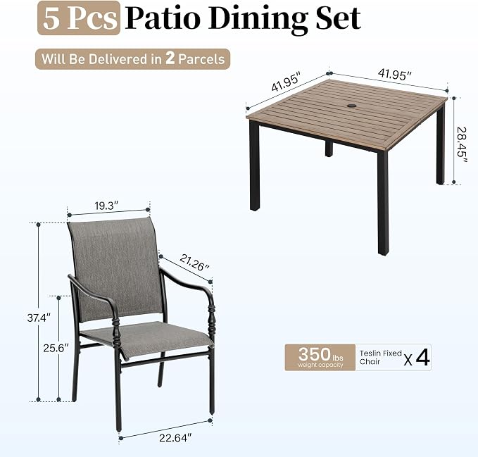 SUNSHINE VALLEY Patio Table and Chairs Set of 4, All-Weather Breathable Textilene Patio Chair with Gourd-Shaped Armrests, 42x42 Wood-Like Table with Umbrella Hole, 5 Pcs Metal Frame Patio Dining Set
