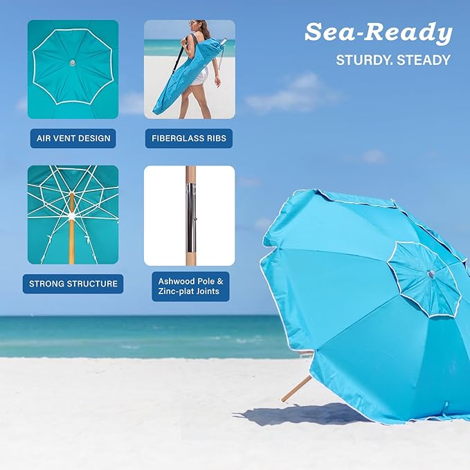 AMMSUN 7.5ft Heavy Duty HIGH Wind Beach Umbrella Commercial Grade Patio Beach Umbrella with Air Vent Ash Wood Pole & Carry Bag UPF 50+ Protection Lake Blue