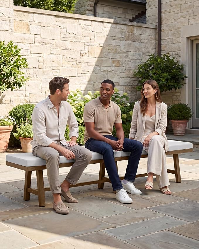 76'' Outdoor Patio Bench, 3-Seat Never-Rust Aluminum Backless Outdoor Bench with Thick Cushion, Weatherproof Outdoor Dining Benches, Outside Porch Benches for Balcony, Deck, Garden, Lawn, Teak