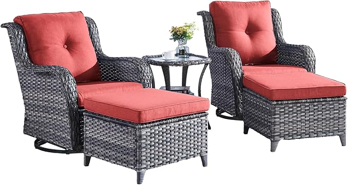 Outdoor Patio Furniture Set-5 Piece Outdoor Swivel Rocker Chairs with Ottomans Patio Furniture Set for Deck Balcony Poolside Backyard-Grey/Red