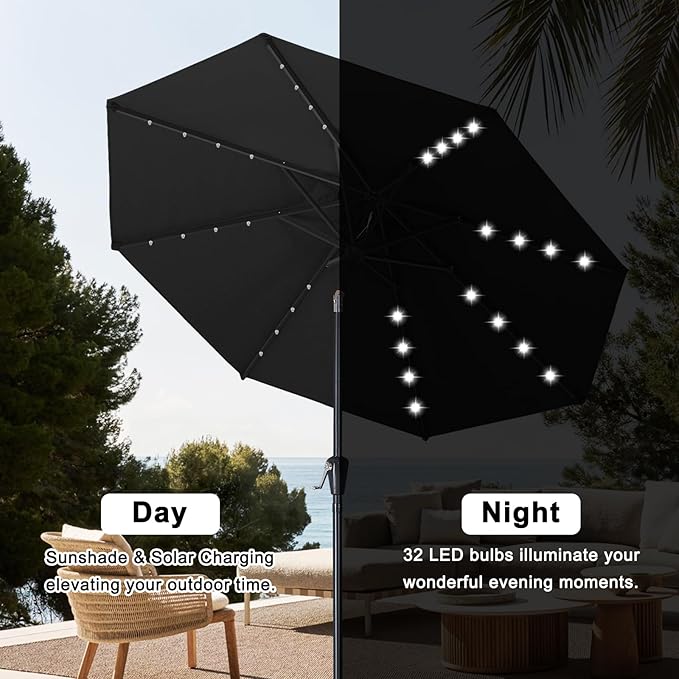 ABCCANOPY Durable Solar Led Patio Umbrellas with 32LED Lights 9FT (Black)
