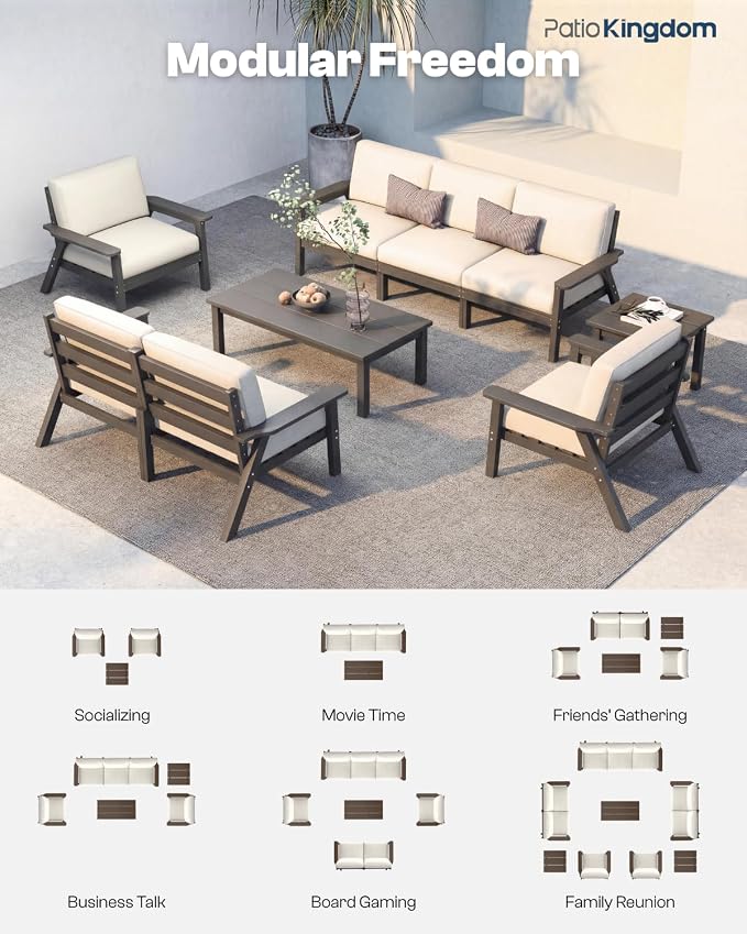 7 Piece Patio Conversation Sets, Outdoor Couch with Washable Thick Beige Cushions, HDPE Patio Furniture Set with 12FT Umbrella, Outdoor Sectional Furniture for Backyard (Grey Frame)