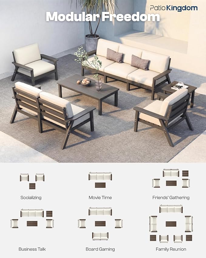 Patio Furniture Set 8 Seats, 4-Seater and 2-Seater Outdoor Sofas with Beige Washable Thick Cushions, Patio Conversation Sets for Lawn, Garden, Porch, Balcony, Deck (Grey Frame)