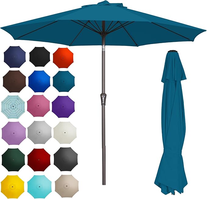 PatioKingdom 9FT Patio Outdoor Umbrella-UPF 50+ Sun Shade with Wind Vent, Push-Button Tilt & Smooth Crank Lift, Rust-Resistant Fiberglass Frame for Garden, Backyard,Yard (Lake Blue)