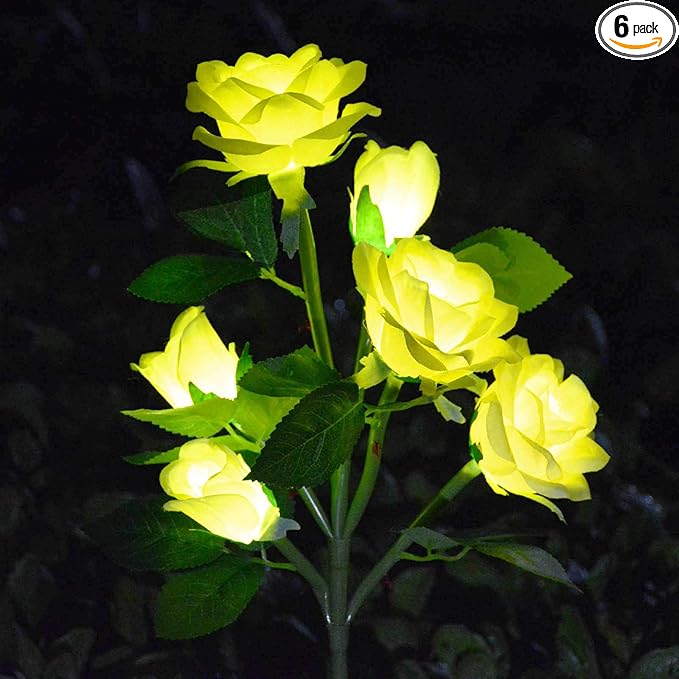 [Upgraded 6 Flowers]Solar Powered Artificial Rose Flower Lights,Waterproof Outdoor Garden Accent Lighting for Summer Country Field Yard Pathway Balcony Memorial Cemetery Gravesite Decorations, Yellow