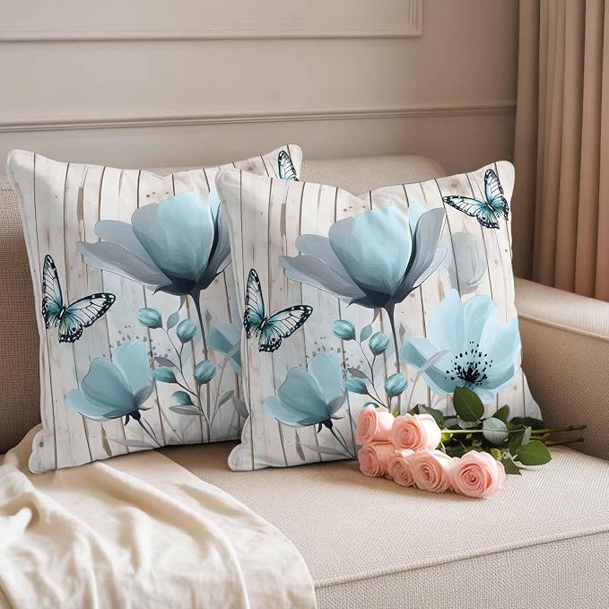 Blue Tulip Waterproof Outdoor Pillow Covers Set of 2 Home Decor, Country Spring Butterfly Floral Wooden Grain Pillowcase Patio Pillow Covers for Couch Bench Furniture Garden 24x24in