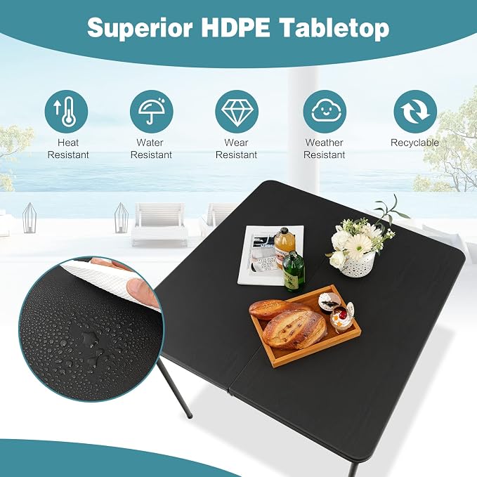 Giantex Portable Folding Table, Foldable Picnic Table with All-Weather HDPE Tabletop, Metal Frame & Carry Straps, Heavy Duty Outdoor Camping Table, Lightweight Card Table for Beach, BBQ, Party