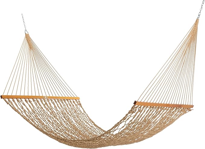 Original Pawleys Island Large Tan DuraCord Rope Hammock – 13 ft. x 55 in., 2-Person, 450 lb Capacity, Oak Spreader Bar, Zinc-Plated Hardware, Handcrafted in the USA