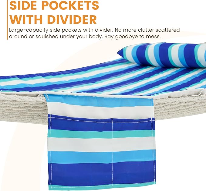 Lazy Daze Hammocks Rope Hammock with Pad, Spreader Bar, Carabiners, Tree Straps, Chains for Outside Patio- Max 450 Lbs, Ocean Stripes