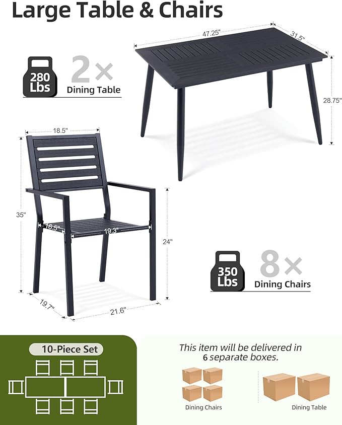 10-Piece Outdoor Dining Set - Two 47.25" HDPE Patio Tables and 8 Stackable Armrest Chairs - All-Weather Rust-Proof Steel Frame for Garden, Deck(Black)