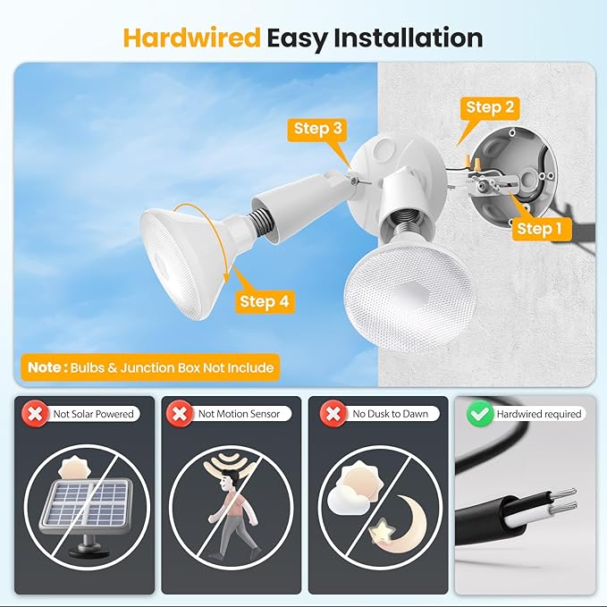 Onforu 2-Pack Adjustable Twin PAR Holder, Outdoor Flood Light Fixture Max 300W (Bulbs Not Included), Switch Controlled Security Lights, Exterior Flood Lighting for Garage, Driveway, Porch