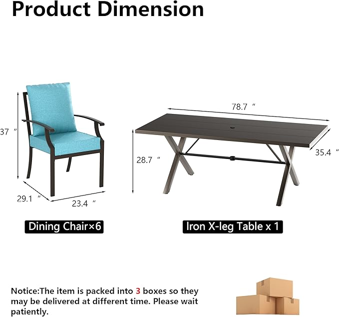 Kullavik 7 Pieces Outdoor Dining Set,Patio Dining Table and Chairs Set for 6,Fence Pattern Back Chairs with Thickened Cushions & Rectangular Metal Dining Table with Umbrella Hole for Patio,Blue