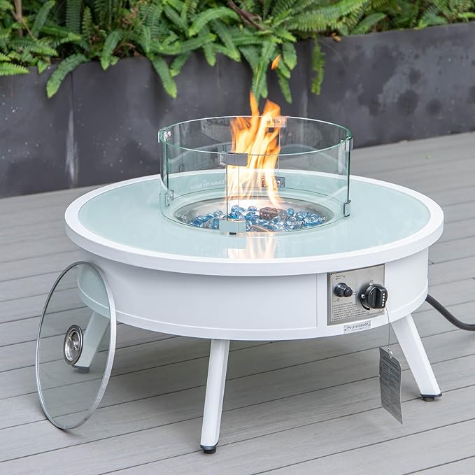 LeisureMod Walbrooke Modern Aluminum 5-Piece Patio Conversation Set with Outdoor Round Firepit Table & Side Table Tank Holder (Charcoal)
