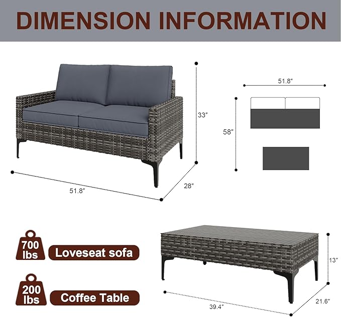 2 Pieces Patio Furniture Set,All Weather Rattan Loveseat with Tempered Glass Table for Porch,Deck,Backyard,Grey