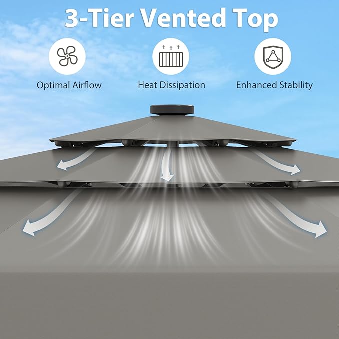 Tangkula 10 FT Solar LED Patio Umbrella, 3-Tiers Scalloped Outdoor Table Market Umbrella with 32 LED Lights, Tilt Adjustment, Crank, 8 Sturdy Ribs for Pool, Deck, Backyard (Gray)