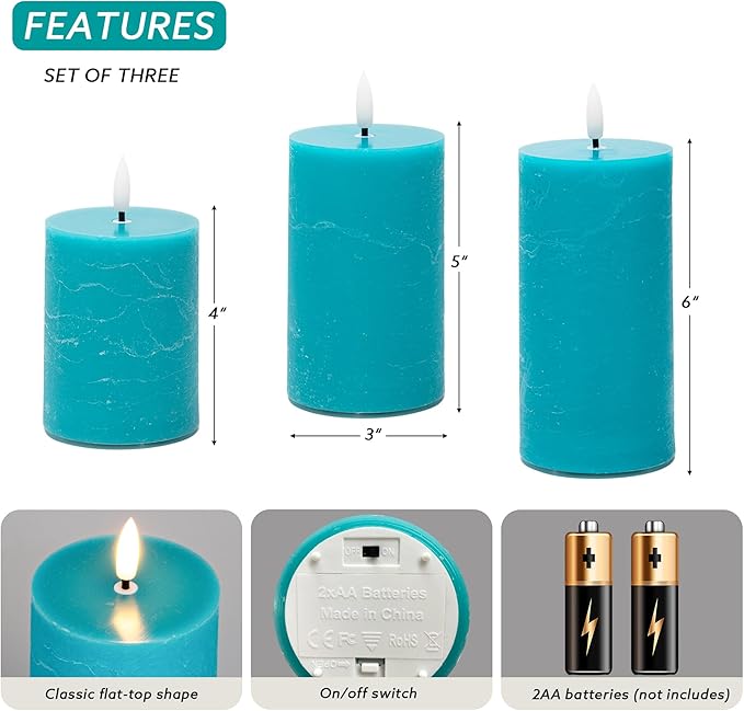 Teal Flameless Candles, Real Wax Battery Operated Candles with Remote, Flat Top Flickering LED Pillar Candles for Home Party Wedding Holiday Decor, Set of 3 (H 4" 5" 6" x D3)