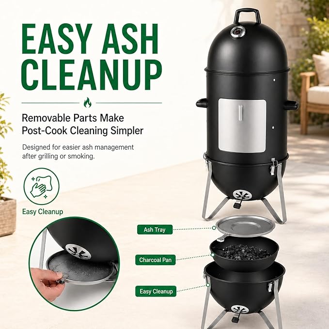 19 Inch Charcoal Smoker for Meat, Bullet Smoker, Vertical Smoker Grill for Backyard and Patio BBQ | 3-Layer Cooking Space with Built-In Thermometer and Dual Air Vents | Front Access Door and Ash Tray