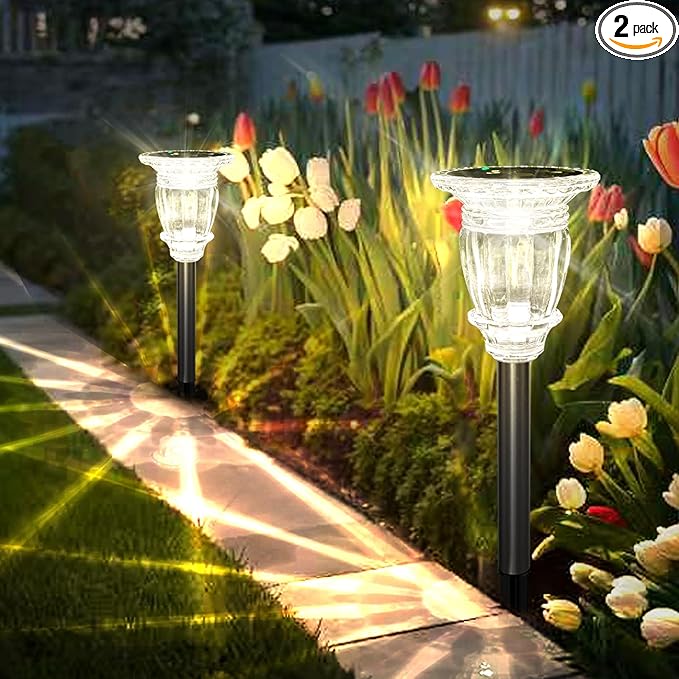 Solar Pathway Lights Outdoor 2 Pack, Warm White Solar Garden Lights, 17.5" IP65 Waterproof Glass Stainless Steel Tungsten Solar Powered Landscape Lights for Yard Walkway Driveway Patio Lawn Flower Bed