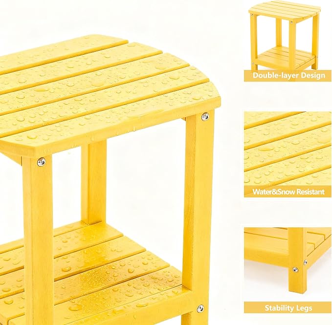 Adirondack Small Outdoor Side Table - Weatherproof HDPE Patio End Table with 2-Tier Storage for Firepit, Balcony, Garden, Poolside or Bathroom (Yellow, Set of 1)