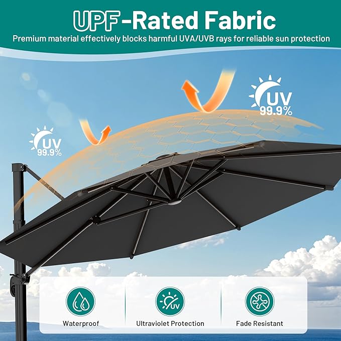 AreShark 10FT Cantilever Patio Umbrella, 360-Degree Rotation Round Hanging Offset Umbrella with Crank, Heavy Duty Patio Umbrella for Patio, Pool, Garden, Deck, Grey