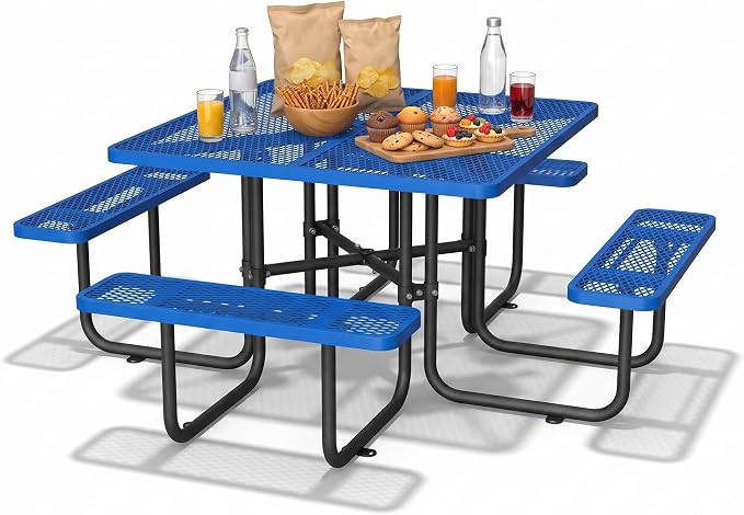 46'' Heavy Duty Outdoor Picnic Table - Commercial Grade Square Steel Picnic Table Set, Umbrella Hole, Rust-Resistant Metal Mesh Tabletop for Patio, Garden, Park, BBQ - Blue