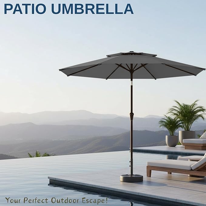 9ft 2-Tiers Patio Umbrella,Outdoor Market Table Umbrella with Push-Button Tilt & Crank | UV Protection,Suit for Backyard,Garden,Pool,Deck(Gray)