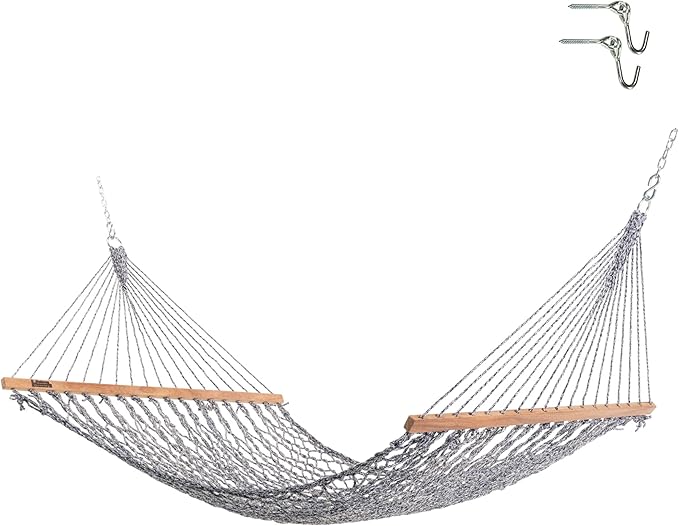 Hatteras Hammocks Small Navy Oatmeal Heirloom Tweed DuraCord Rope Hammock – 11 ft. x 45 in., 450 lb Capacity, Cumaru Spreader Bar, Zinc-Plated Hardware, Handcrafted in The USA