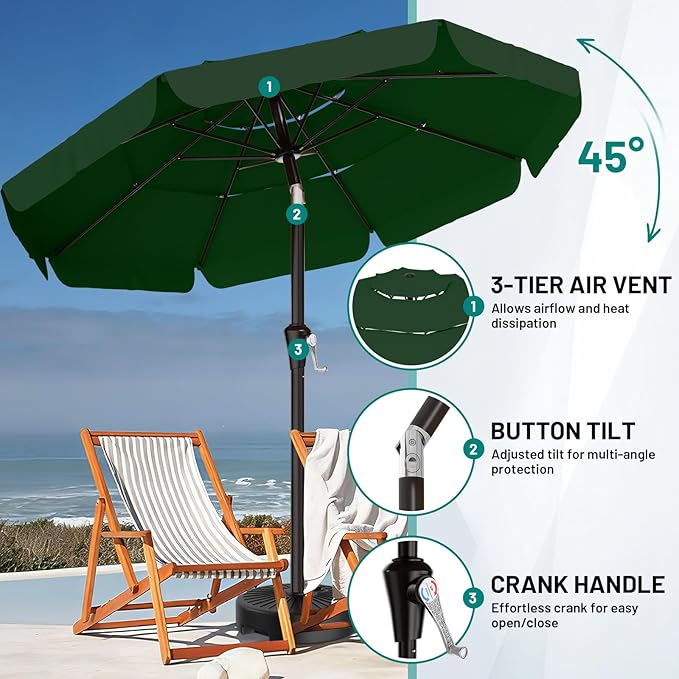 AreShark 9FT 3-Tiers Patio Umbrella with Valance, Outdoor Umbrellas with Crank/Tilt, Table Market Umbrella Vented w/ 8 Sturdy Ribs for Garden, Deck, Backyard, and Pool, Dark Green