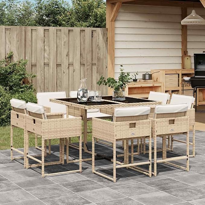 9 Piece Outdoor Rattan Patio Dining Set with Cushions Beige PE Wicker Garden Table and 8 Folding Chairs for Backyard Lawn Poolside