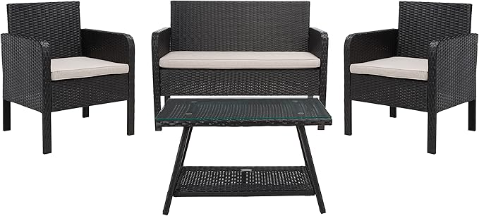 SAFAVIEH Outdoor Collection Aboka Black/Light Grey Cushion 4-Piece Conversation Patio Set