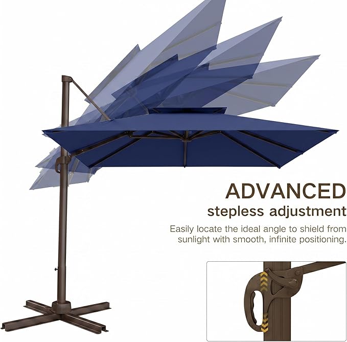 Kingdura Cantilever Patio Umbrella with Double Top Vent, Large Square Aluminum Outdoor Offset Umbrella with 360-degree Rotation, Infinite Tilt, UV Protection for Pool Deck Garden Patio