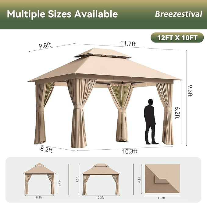 12'x10' Gazebo, Outdoor Gazebo Metal Frame Canopy with Double Roofs, Heavy Duty Patio Tent Shelter with Mosquito Netting and Privacy Screen for Backyard, Beige